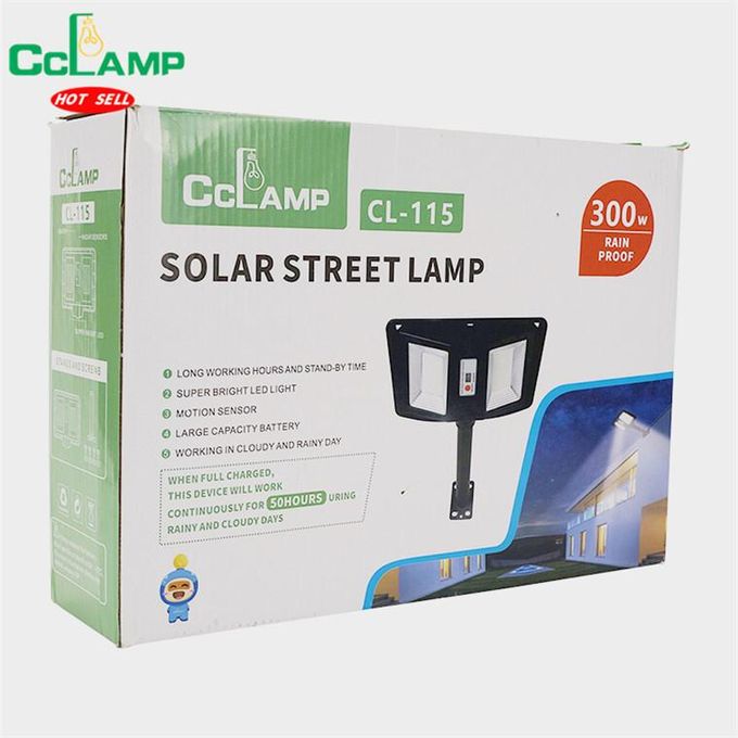 CcLamp 120W, 200W, OR 300W Automatic Solar Powered STREET LAMP.Built-in radar sensor chip for fully automatic dusk-to-dawn lighting – no remote needed.Made of high-quality ABS with IP65 rating – built