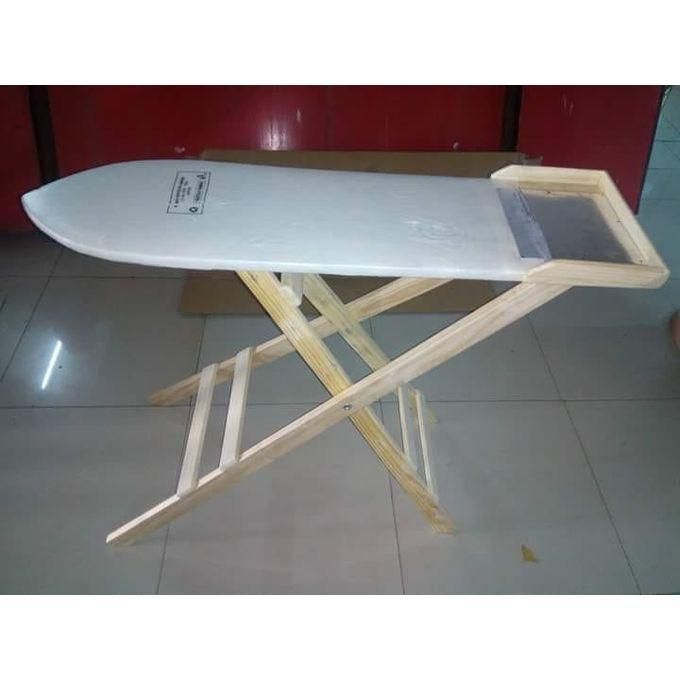 FOLDABLE Wooden IRONING board. Has a broad surface area to handle ironing more easily. It's very strong and doesn't collapse on you. It is very stable hence does not move as do you ironing. Has good h