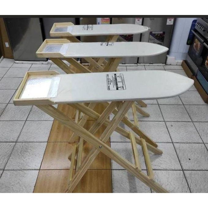 FOLDABLE Wooden IRONING board. Has a broad surface area to handle ironing more easily. It's very strong and doesn't collapse on you. It is very stable hence does not move as do you ironing. Has good h