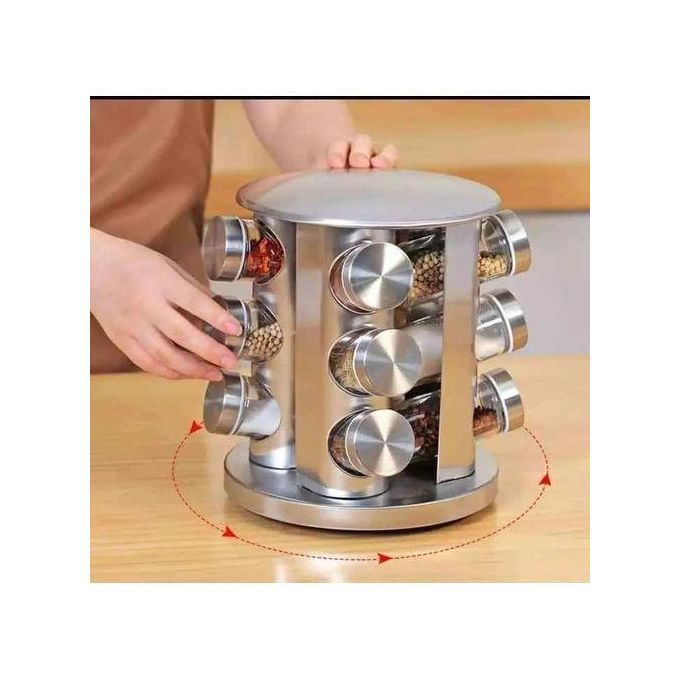 Spice Rack 12 Jars Revolving Countertop, Spice Organizer Tower, Spice Carousel Stand Holder Stainless Steel Top Glass Jars for Kitchen. Clear Glass Jars: Transparent design for easy spice identificati