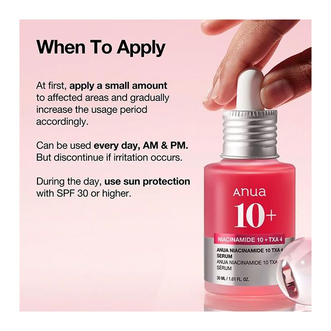 Anua Niacinamide 10% + Tranexamic Acid (TXA) 4% Serum  30ml. Designed to target uneven skin tone, dark spots, and dullness, it helps your skin look radiant and flawless every day. Deep Hydration and m