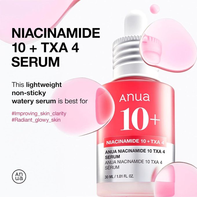 Anua Niacinamide 10% + Tranexamic Acid (TXA) 4% Serum  30ml. Designed to target uneven skin tone, dark spots, and dullness, it helps your skin look radiant and flawless every day. Deep Hydration and m