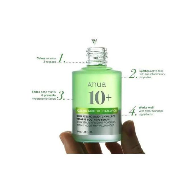 Anua Azelaic Acid 10 Hyaluron Redness Soothing Serum 30ml. it targets acne, rosacea, irritation, and dark spots while delivering deep hydration and balance. Hydrate, calm, and clarify your skin  30ml.
