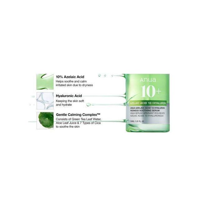 Anua Azelaic Acid 10 Hyaluron Redness Soothing Serum 30ml. it targets acne, rosacea, irritation, and dark spots while delivering deep hydration and balance. Hydrate, calm, and clarify your skin  30ml.