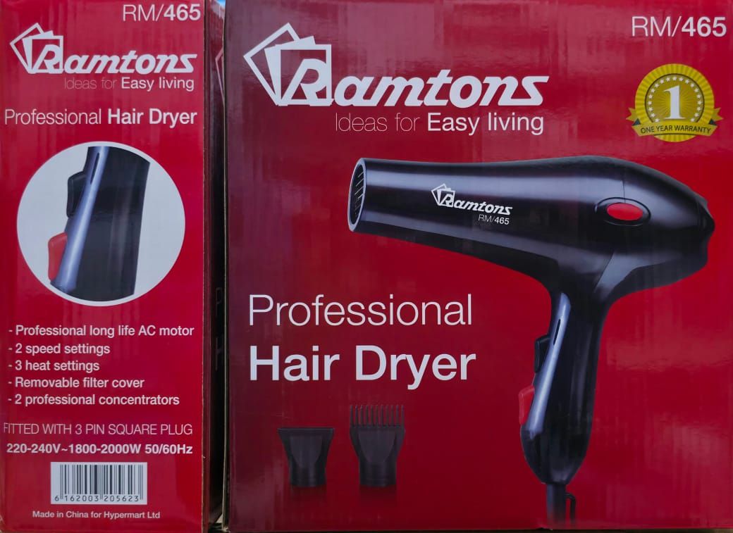 Ramtons RM/465-Professional Hair Dryer 1800W- Black .Professional long life AC motor.
1800 W
220-240V 50Hz
2 Speed settings.
3 Heat settings.
Removable filter cover.