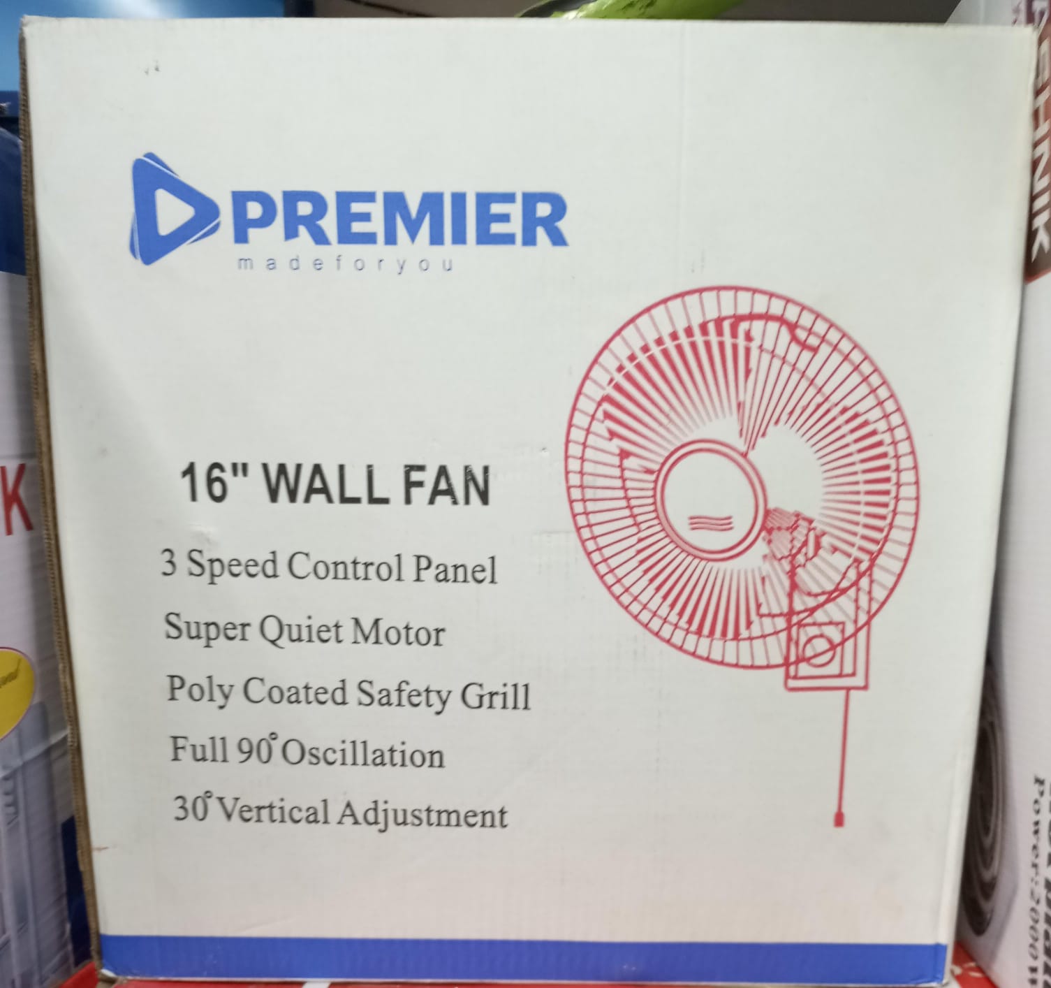 Premier Wall Fan 16inches with Remote Control and Real Time LED Temperature Display,-remote control with a range of 8meters

-real time temperature display

-reserve switch machine 

-7.5hours

-three