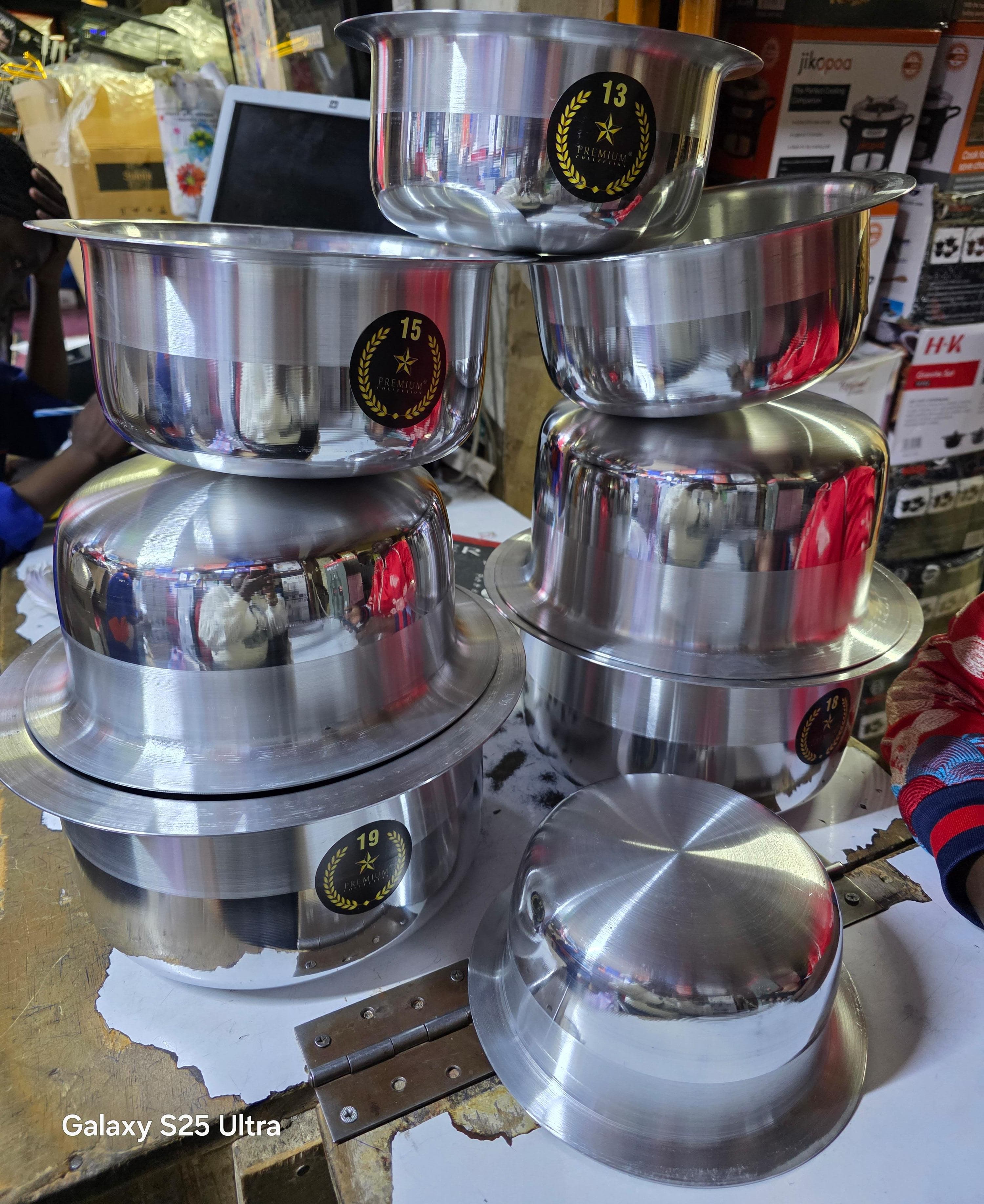Brand Extra Heavy Belly Pot 8pcs Sufuria Size: 1.5/2/2.5/3/4/5/6.5/8L.Stainless aluminum offers Excellent cooking performance. 
Ideal for open charcoal jiko or firewood cooking.
Durable and easy to cl
