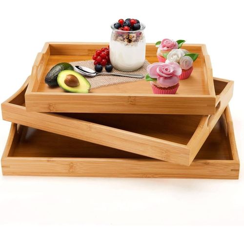 WOODEN Set of 3 Natural Bamboo Serving Trays with Handles - Nesting Food & Drink Platters for Breakfast, Coffee & Decor,Bamboo Food Platters,Decorative Trays with Handles.