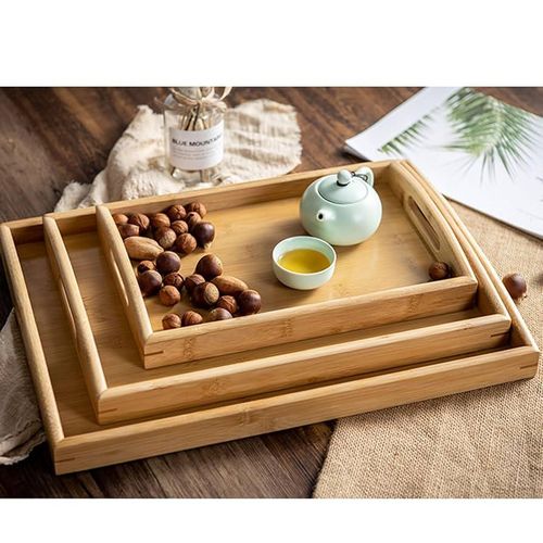 WOODEN Set of 3 Natural Bamboo Serving Trays with Handles - Nesting Food & Drink Platters for Breakfast, Coffee & Decor,Bamboo Food Platters,Decorative Trays with Handles.