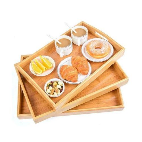 WOODEN Set of 3 Natural Bamboo Serving Trays with Handles - Nesting Food & Drink Platters for Breakfast, Coffee & Decor,Bamboo Food Platters,Decorative Trays with Handles.