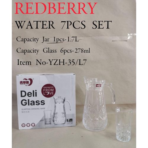 Deli WATER SET 1PC JUR AND 6PCS GLASS.High strength and durability
 Presence of  1 jug / 6PCS GLASS
 Jug material impact resistant glass
 Dishwasher safe