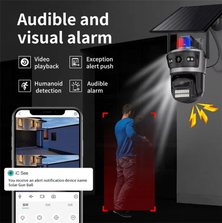 4G DUAL LENS SOLAR CCTV CAMERA 4G CCTV CAMERA WITH MOTION DETECTION, 2 WAY COMMUNICATION, SD CARD & CLOUD STORAGE, WATERPROOF,2 REAL SCREENS CAMERA WATERPROOF