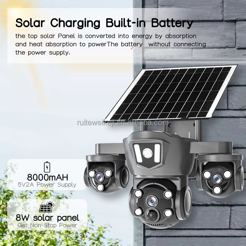 SOLAR CCTV CAMERA 4G Triple lens Solar cctv camera all PTZ 3lens camera with motion detection,2way communication,360 degree rotation waterproof camera with solar panel 4g solar cctv camera