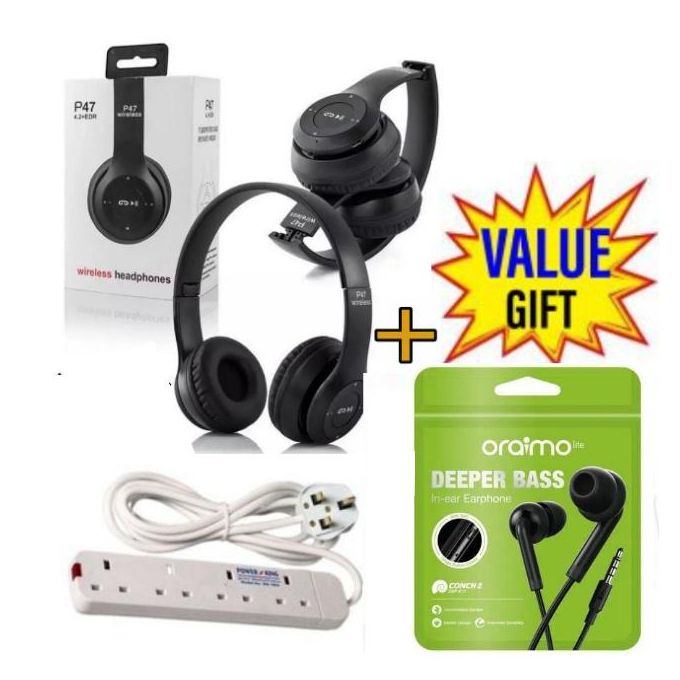 P47 Bluetooth headphones, Wireless With Mem Card Slot+ 4 Way Power Extension+ Oraimo Earphones. Bluetooth High Speed Connected, Anwsering Incoming Calls, Handsfree Talking. Rechargeable lithium bat