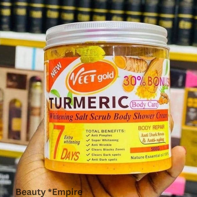 VEET GOLD Turmeric Tumeric Whitening Salt Scrub Body Shower Cream 500g. Turmeric Extract – Brightens skin, evens tone, and reduces blemishes. Natural Salt Granules – Exfoliates to remove dead skin an