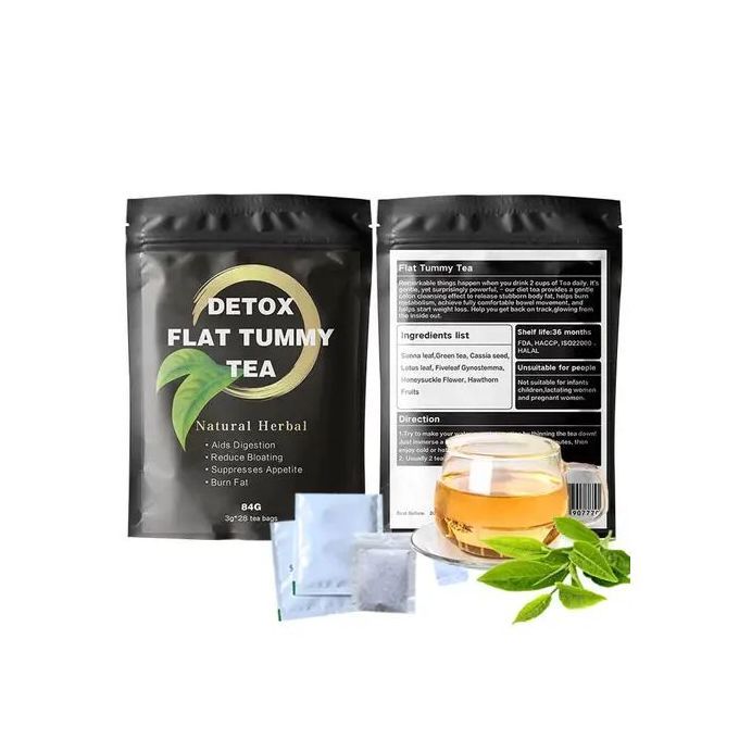 Detox Flat Tummy Tea. Boosts energy levels and promotes a flatter, firmer belly. Gently cleanses your digestive system and eliminates toxin build-up. Targets abdominal fat and helps reduce a bloated