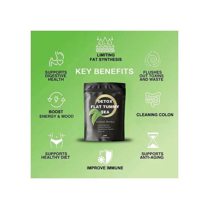 Detox Flat Tummy Tea. Boosts energy levels and promotes a flatter, firmer belly. Gently cleanses your digestive system and eliminates toxin build-up. Targets abdominal fat and helps reduce a bloated