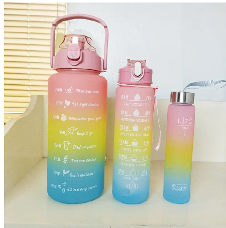4 in 1 Motivational Water Bottles - the perfect set for staying hydrated and motivated throughout the day This set includes three bottles each made of high quality