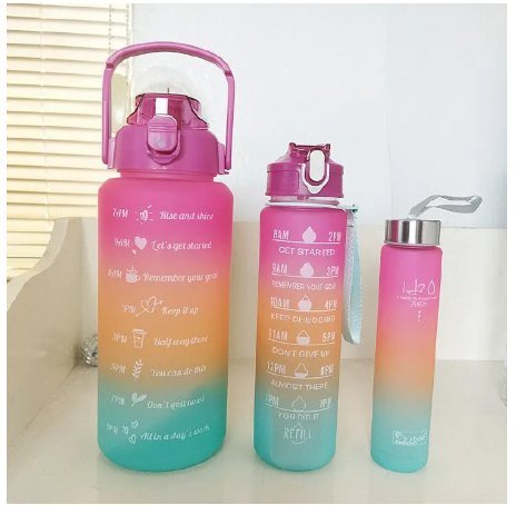 4 in 1 Motivational Water Bottles - the perfect set for staying hydrated and motivated throughout the day This set includes three bottles each made of high quality