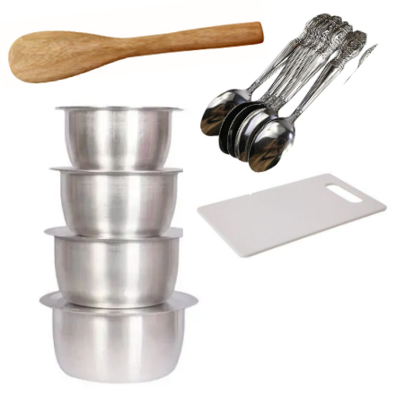 Generic 4Pcs Set Of Stainless Aluminum Sufuria Size 1 2 3 4  plus free 6 spoons 1 mwiko cooking stick and chopping board  -without  Lids