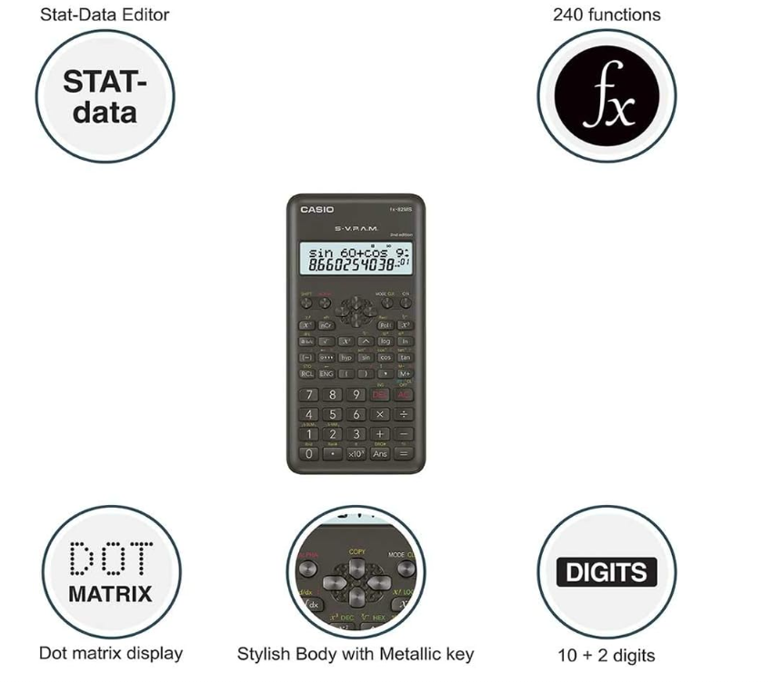 Casio FX-82MS 2nd Edition Scientific Calculator Standard Scientific Calculator Calculator with 2-Line Display | 10-Digit LCD, Trig, Stats, Fractions | Ideal for High School Algebra, Trigonometry &Test