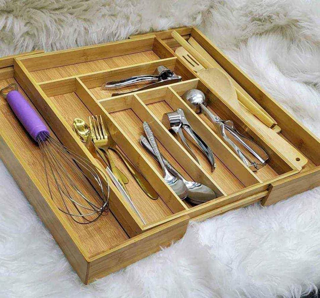 Expandable Bamboo Drawer Organizer Utensils Cutlery Tray
