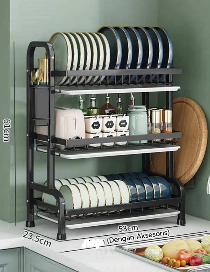 Dish rack 3 layer advanced new model with cutlery holder & Chop Board Holder , Black as picture