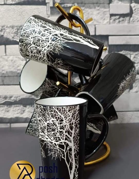 6 PCS Classy White Ceramics Tree Mugs, Easy to clean, Heavy durable ceramic material