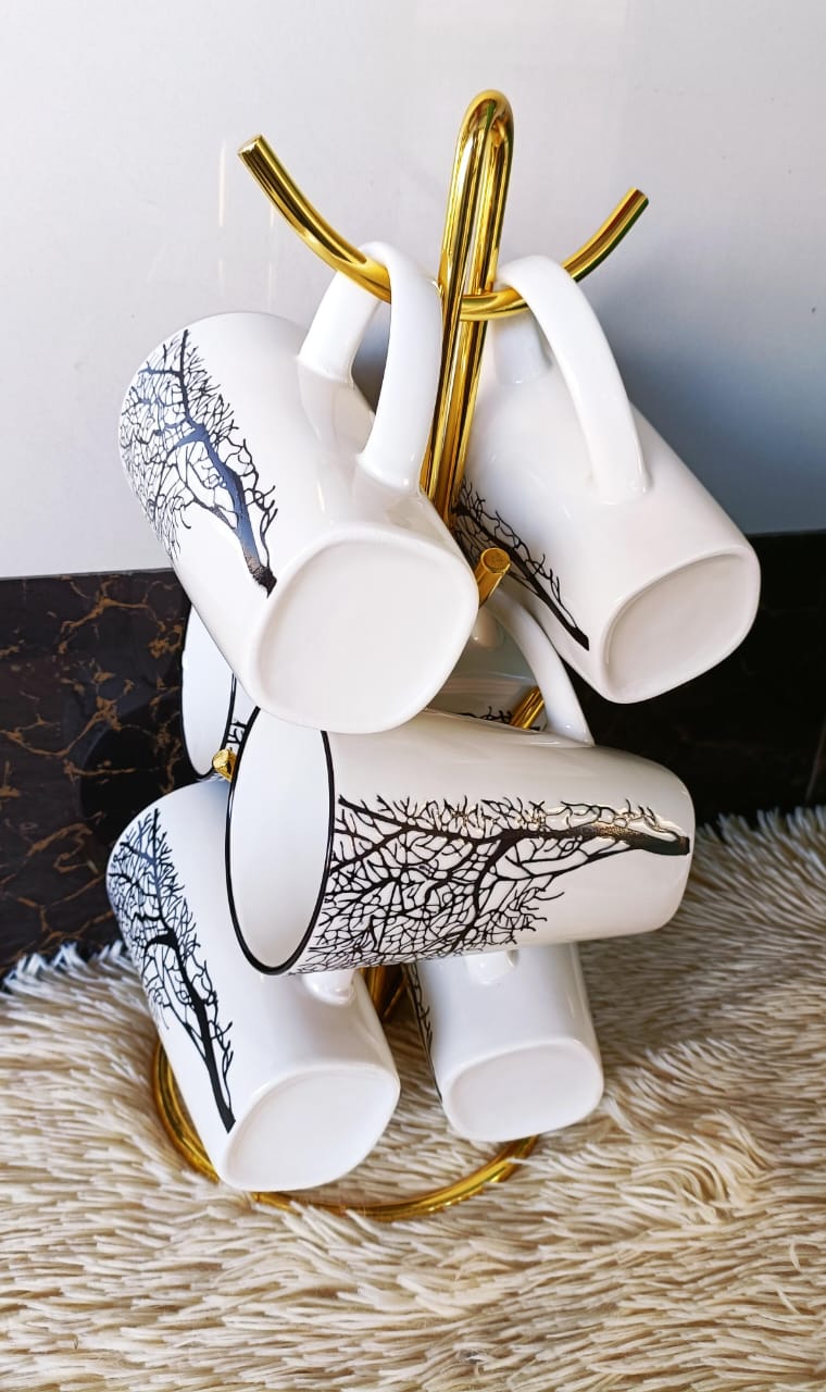 6 PCS Classy White Ceramics Tree Mugs, Easy to clean, Heavy durable ceramic material