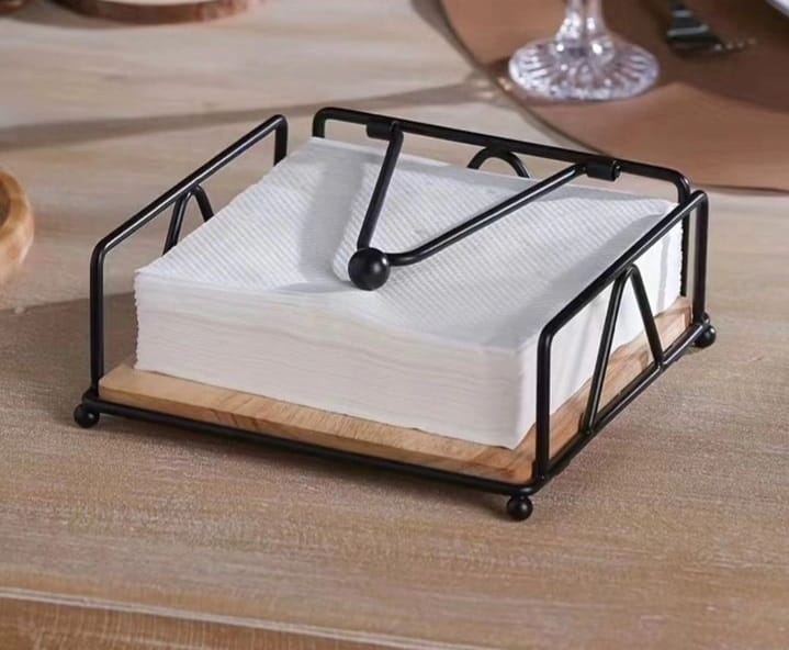 Tissue holder Elegant Metallic Napkin /serviette holder, with Flip Close & Bamboo Base for Kitchen Countertop ,Dining Room, Tabletop Home Decoration
