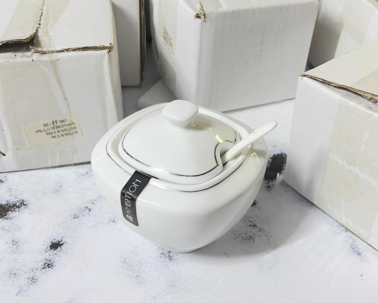 ELEGANT CERAMIC SUGAR DISH WITH SPOON & LID