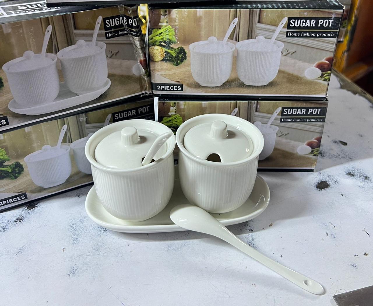2 PCS CERAMIC SUGAR DISHES + STAND + SPOONS - Durable construction ensures longevity and easy maintenance.