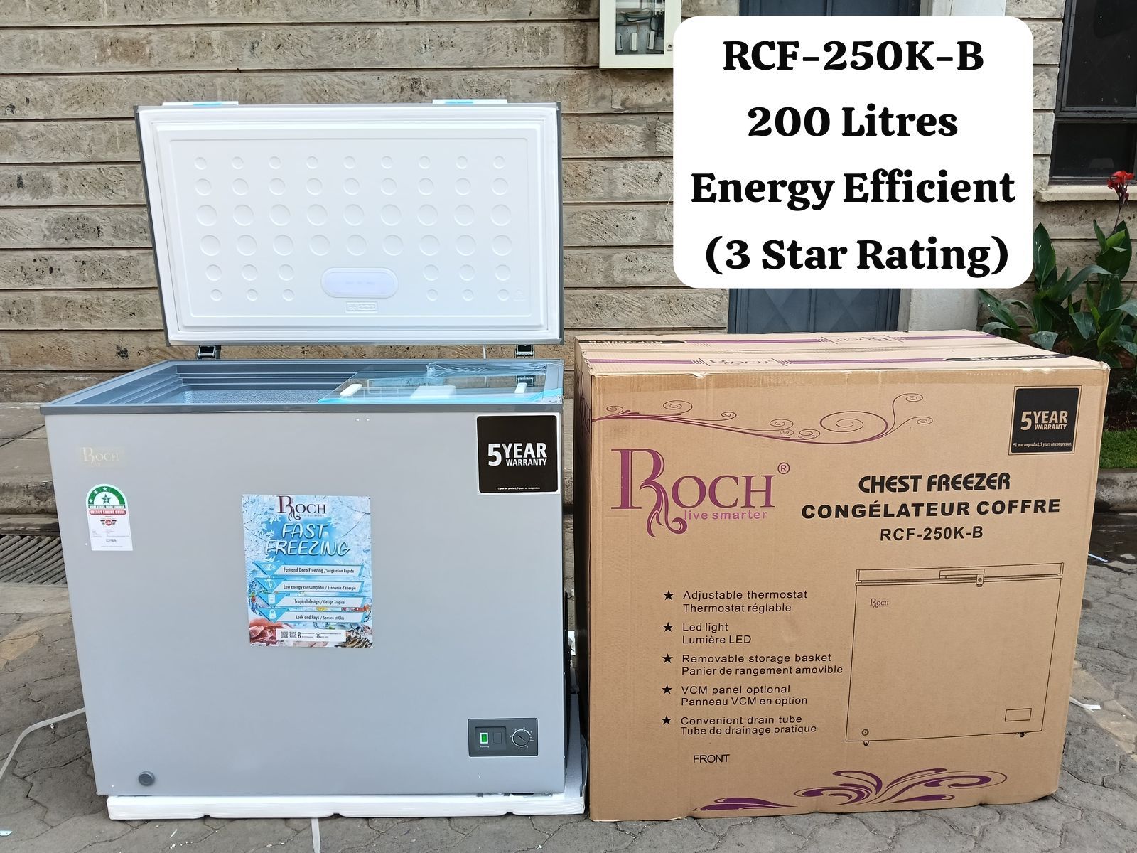 ROCH 200 LITRES CHEST FREEZER,  Cool Pack, LED Light, Mechanical Control, External Handle, Outside Condenser