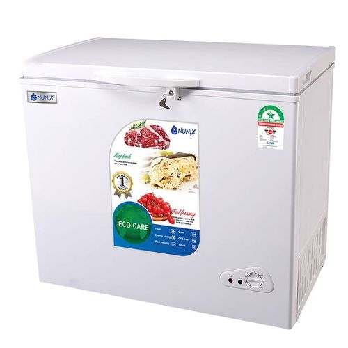 NUNIX 150 LITRES CHEST FREEZER, Adjustable thermostat, direct cooling, manual defrost, 100% CFC free, Low noise level.