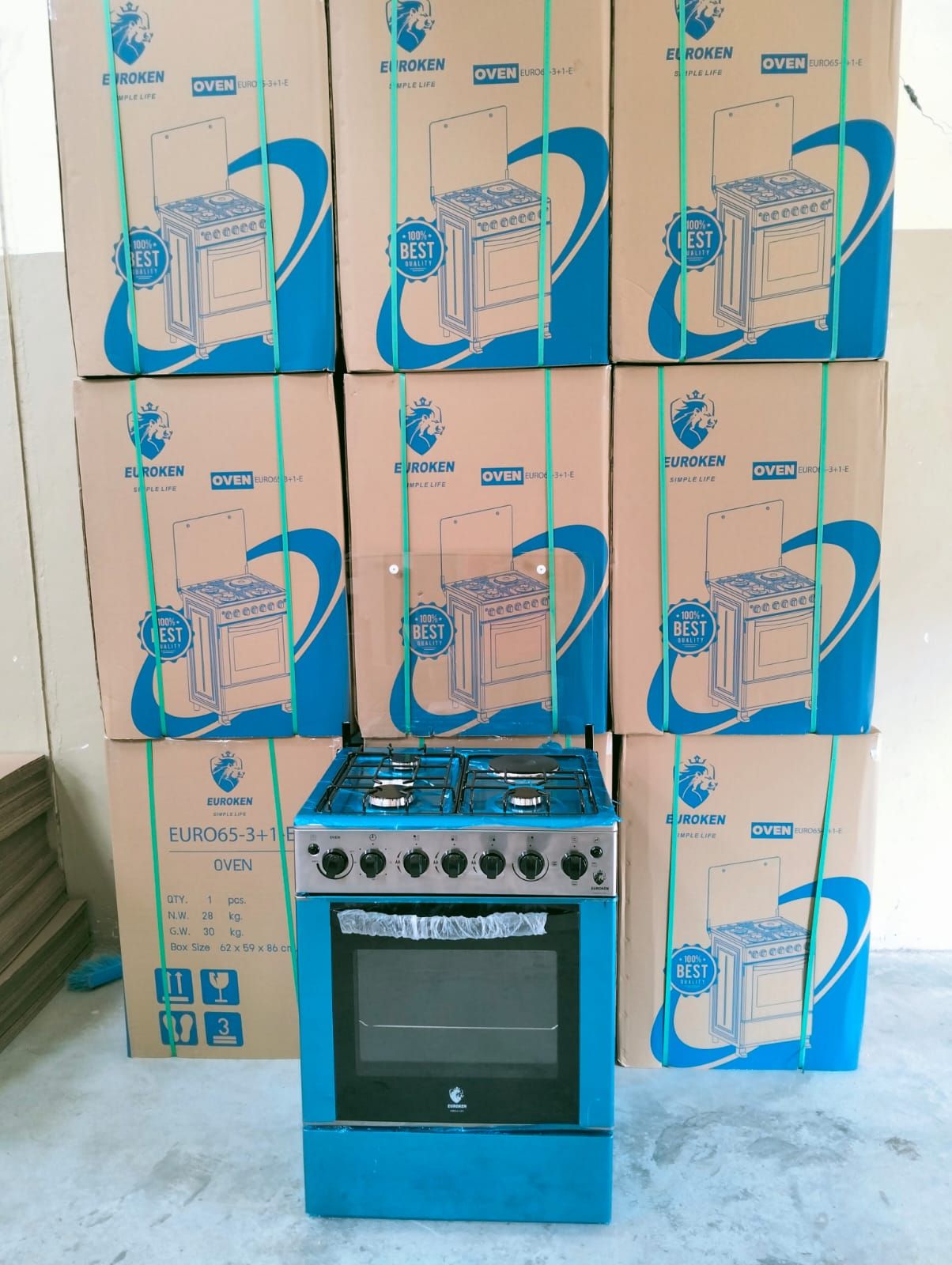 60*65 Euroken  3+1 standing cooker with electric double heater oven ,timer, light and auto ignition