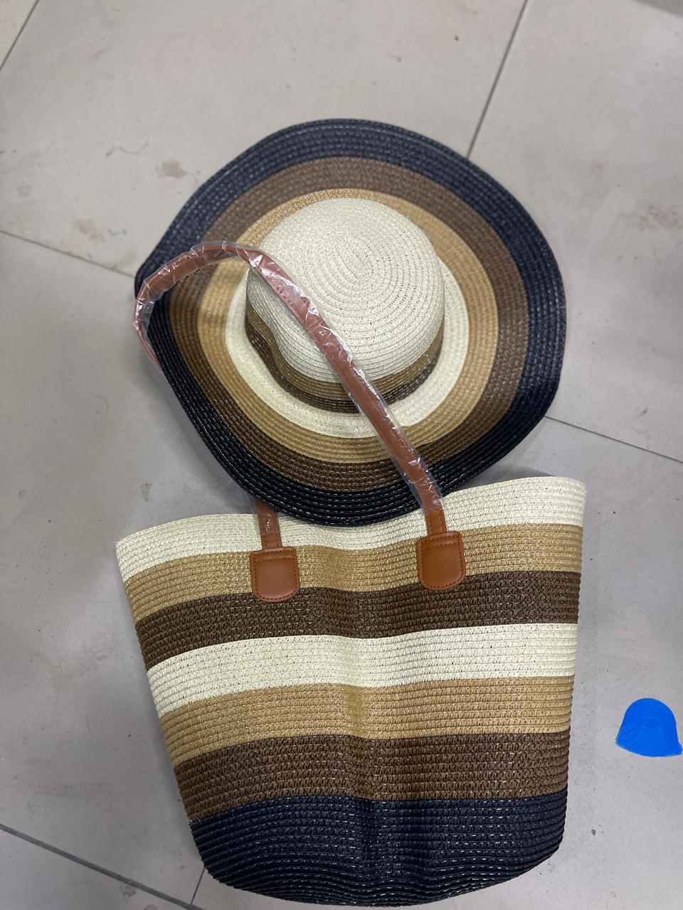 Beach lady bag with matching hats.  comes with a matching hat Beach Bags Vintage Papyrus Straw Woven Beach Bag/Women's Summer Straw Beach Bag, comes with a zip