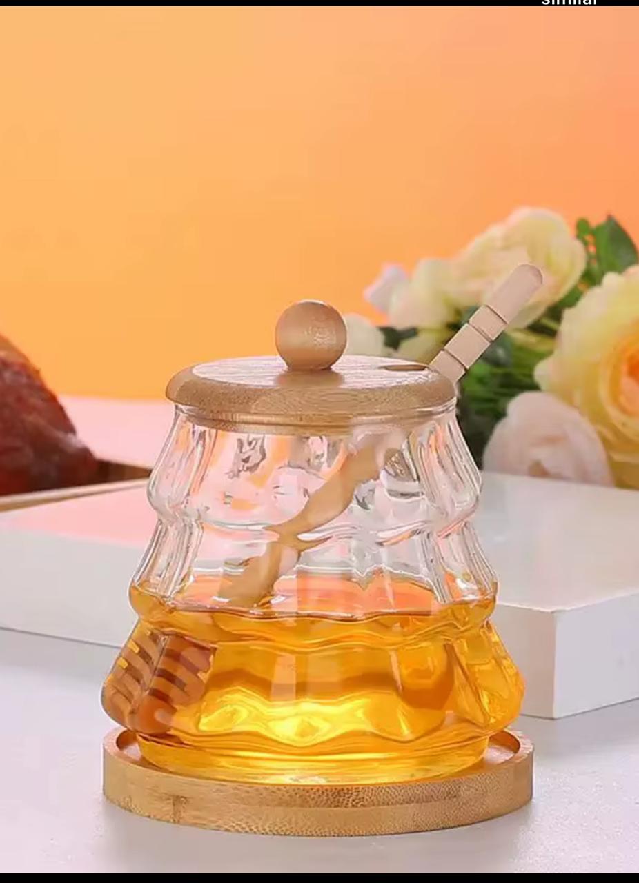 Classy Glass Honey Dispenser with Wooden Lid & Dipper - Elegant glass design for serving honey, syrup, or sauces,Comes with a wooden lid and honey dipper for easy use.