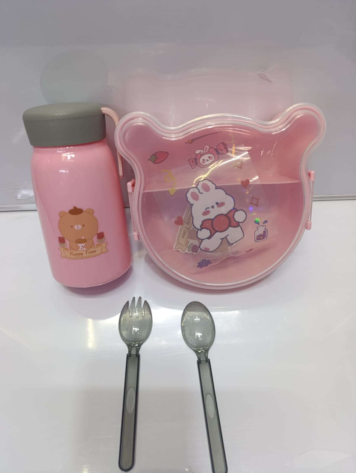 Kids' Lunch Box & Water Bottle Set - Adorable bear & bunny theme that kids love, Includes lunch box, matching water bottle, spoon & fork.
