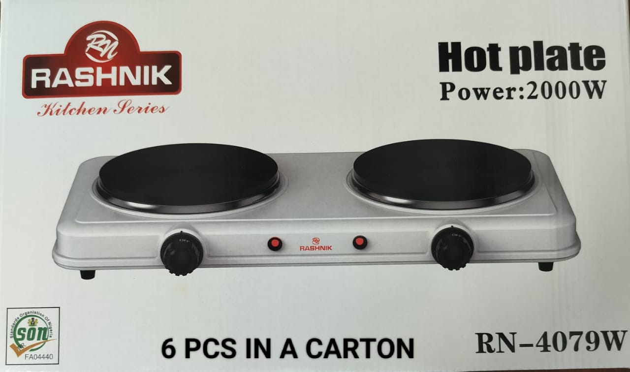 Rashnik Double Hot Plate Cooker – Dual Burner Electric Cooker, Each burner has its own heat control knob for precise cooking, Space‑saving design makes it perfect for small kitchens, offices, dorms.