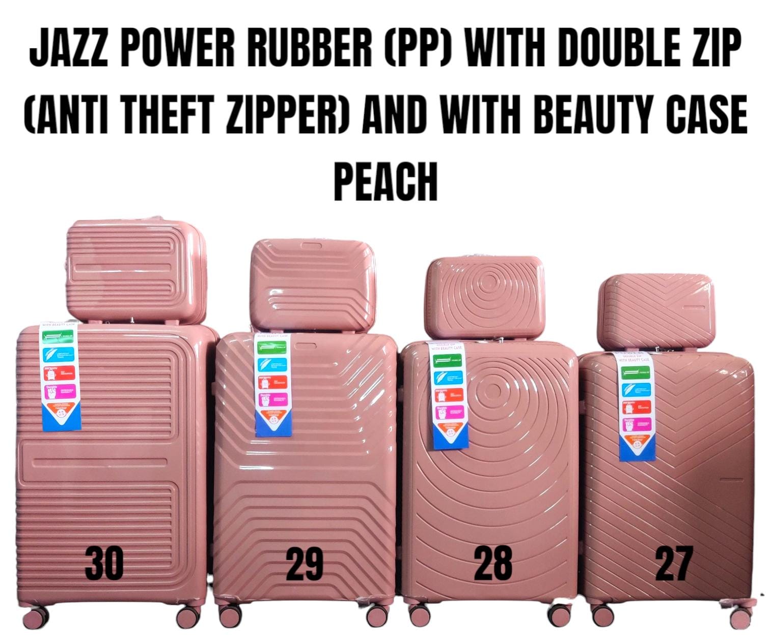 TRAVEL SUITCASES. 4 In 1 Jazz Power PP Rubber Suitcases With Double Zip (Size 30), Double zipper system for added security, Smooth 360° spinner wheels for easy mobility, Reinforced handles for comfort