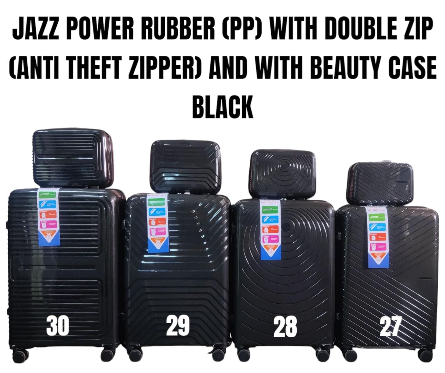 TRAVEL SUITCASES. 4 In 1 Jazz Power PP Rubber Suitcases With Double Zip (Size 30), Double zipper system for added security, Smooth 360° spinner wheels for easy mobility, Reinforced handles for comfort