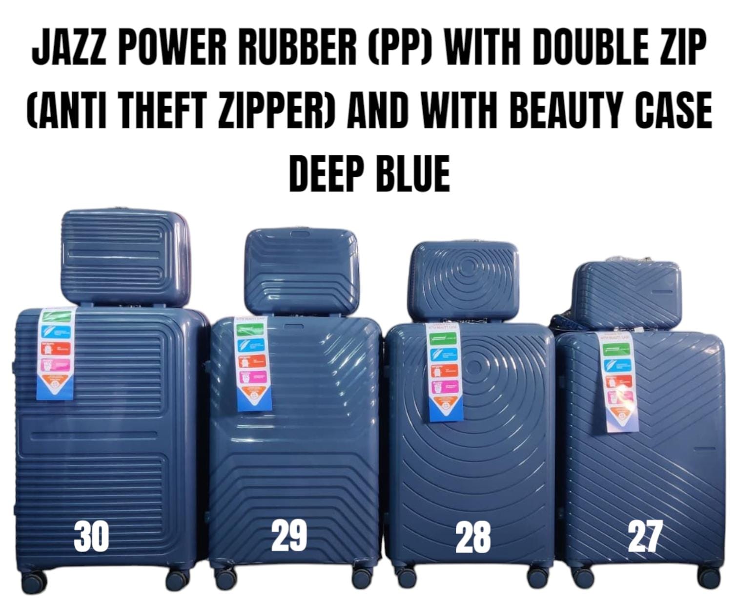 TRAVEL SUITCASES. 4 In 1 Jazz Power PP Rubber Suitcases With Double Zip (Size 30), Double zipper system for added security, Smooth 360° spinner wheels for easy mobility, Reinforced handles for comfort