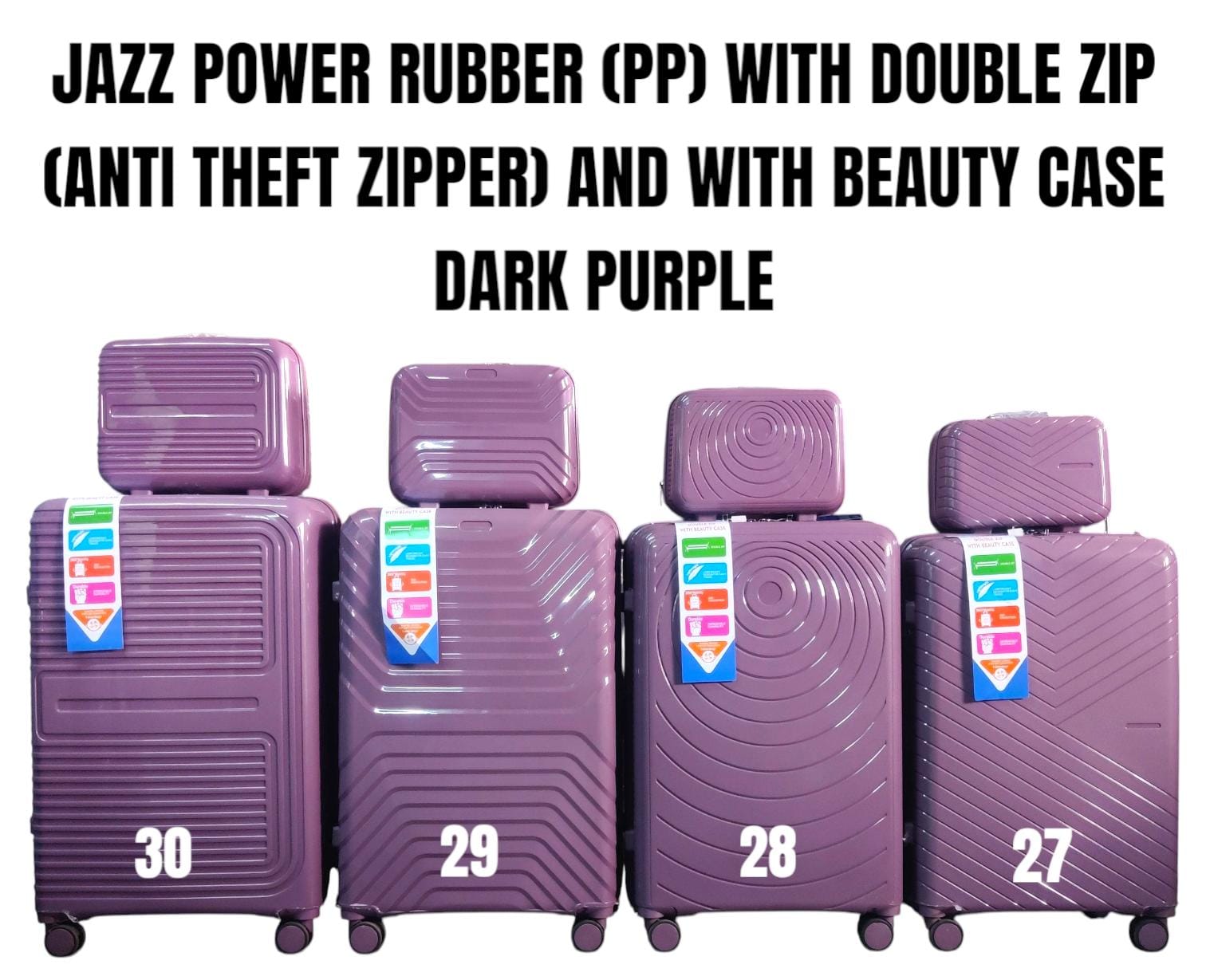 TRAVEL SUITCASES. 4 In 1 Jazz Power PP Rubber Suitcases With Double Zip (Size 30), Double zipper system for added security, Smooth 360° spinner wheels for easy mobility, Reinforced handles for comfort