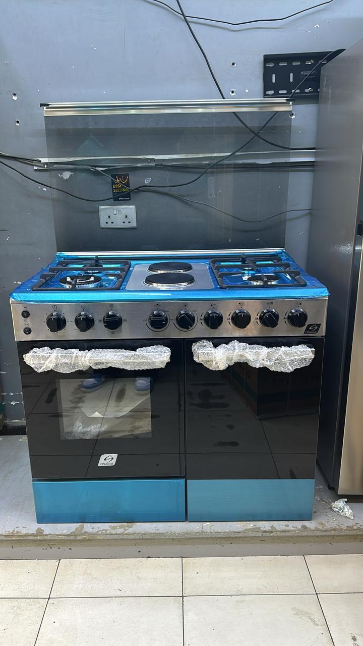 60*90 Starworth 4+2 Standing Cooker With Gas Compartment - 4 gas burners + 2 electric hotplate, flexible cooking options for frying, boiling, simmering, or heating small pots, Spacious oven.