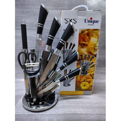 Unique 9‑Piece Stainless Steel Knife Set with Acrylic Stand – Premium Kitchen Cutlery, Includes essential kitchen knives for everyday cutting, slicing, chopping. Durable, rust‑resistant blades