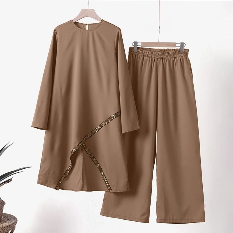 New Product Selection H720 # Spring and Autumn Muslim Two piece Set Long Sleeve O-neck Long Sleeve Shirt Wide Leg Pants Set Comfortable Casual Women's Set