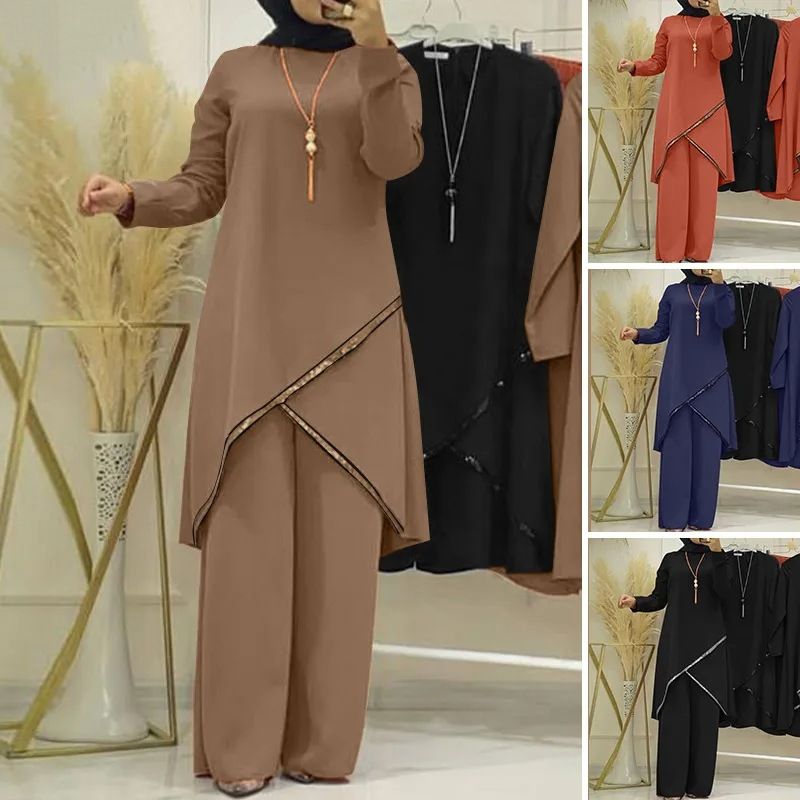New Product Selection H720 # Spring and Autumn Muslim Two piece Set Long Sleeve O-neck Long Sleeve Shirt Wide Leg Pants Set Comfortable Casual Women's Set