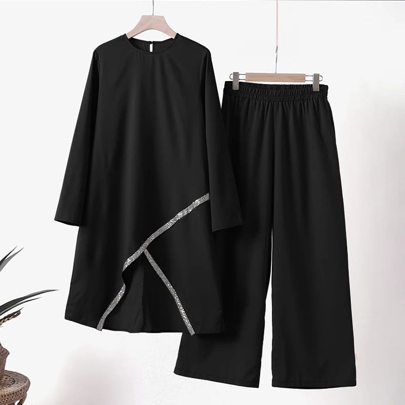 New Product Selection H720 # Spring and Autumn Muslim Two piece Set Long Sleeve O-neck Long Sleeve Shirt Wide Leg Pants Set Comfortable Casual Women's Set