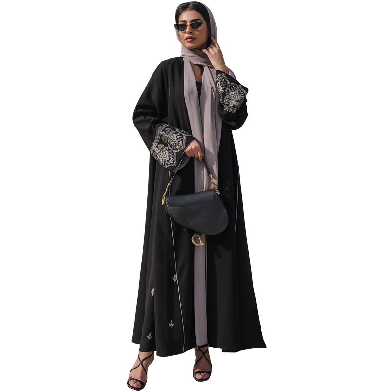 New Product Selection MQ105 Muslim Fashion Embroidered Patchwork Abaya Waist Cardigan Trendy Ins Spring/Summer Elegance Commuter Dress Robe