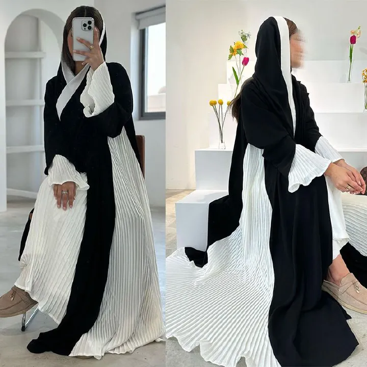New product selection MQ112 modest Türkiye Muslim dress pleated black and white stitching temperament elegant commuting dress fashion Middle East cardigan Abaya coat